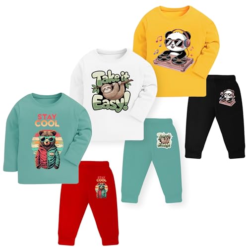 Image of TS LAVI TAVI Trendy Printed Unisex Cotton T-Shirt & Pyjama Set | Full Sleeve Top & Track Pant | Boys & Girls | Pack of 3 | Newborn & Kids