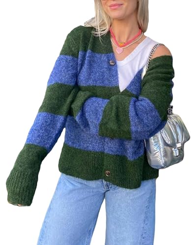 Unisex Striped Cardigan Sweaters Open Front Long Sleeve Oversized Button V Neck Knit Outwear