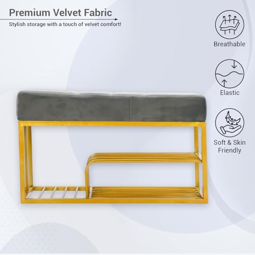 Image of Luxury Velvet Storage Bench with Shoe Rack | Upholstered Entryway Ottoman Seat | Soft Cushioned Sitting | Gold Metal Frame Furniture | End of Bed Seating for Bedroom, Living Room & Hallway|Fossil Grey