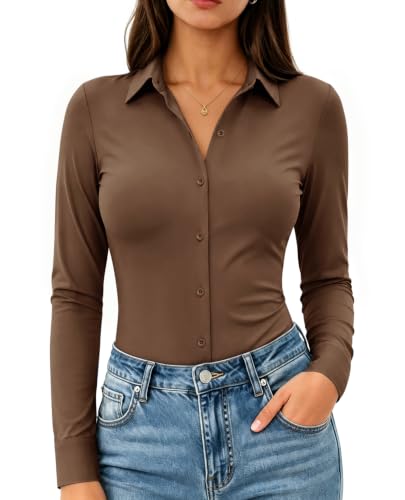 Brown Button Down Shirt Women Long Sleeve Stretch Collared Work Dress Shirt
