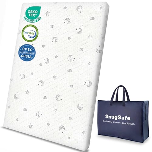 SnugSafe Pack and Play Mattress Pad (38"x26"x1.8") with Carry Bag, Waterproof Pack n Play Mattresses Pad with Soft Anti-Slip Washable Breathable Cover, Portable Playpen Mattress, 1.8" Thick