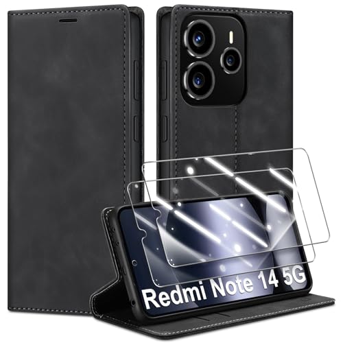 Guisessy Handyhülle für Xiaomi Redmi Note 14 5G Hülle Leder und 2 Schutzfolie Premium Klappbar Flip Wallet Case mit Magnet Kartenfach Standfunktion Schutzhülle für Redmi Note 14 5G Schwarz