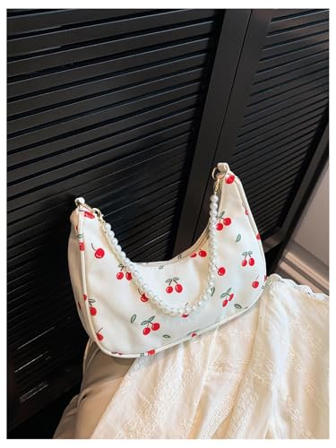 MakeMeChic Women's Cherry Print Pearl Crescent Shoulder Handbag Top Handle Zipper Underarm Bag4