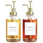 Ezebesta Set of 2 Syrup Dispensers 500ml Glass Bottles with Elegant Pumps and Various Syrup Labels Kitchen Coffee Station Organization - PUMP PATENT REGISTERED
