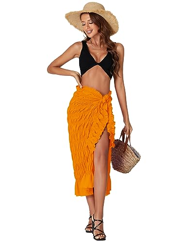 Umenlele Women's Smocked Ruched Tie Knot Ruffle Beach Sarongs Swimsuit Cover Up Split Maxi Skirt - Image 7