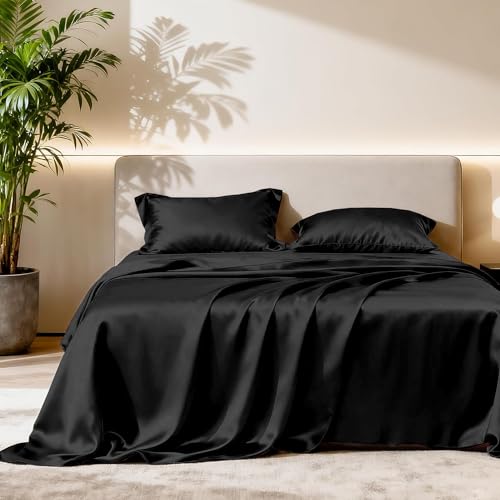 Image of Soft and Silk Satin Bedsheet for Double Bed - 400 TC Romantic Bedsheet Set for Bedroom | Bridal Wedding Bedsheet with Pillow Cover | Ideal for Gifting Black, Double Bed