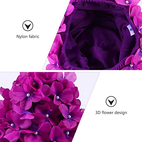 Didiseaon Swim Hat Women Girls Adults Flower Pattern Hair Care Swimming Cap Wide Earband, Purple, 20x18x2cm - Image 4