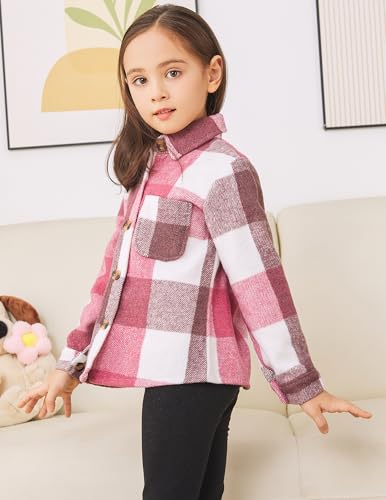 Girls Flannel Shirts Fall Jacket Cute Button Down Plaid Shirt Long Sleeve Fleece Shacket with Pocket 4-12 Years3