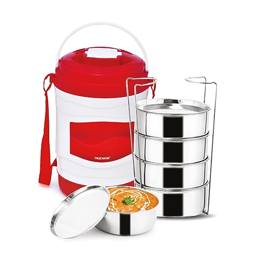 Image of Trueware Marina 5 Lunch Box with 5 Steel Container, 300 ml X 5 Red | PU Insulated | Tiffin | Hot Lunch Box | Leak Proof | Easy to Carry | Food Grade | BPA Free | Office | Outdoors | for Men Women