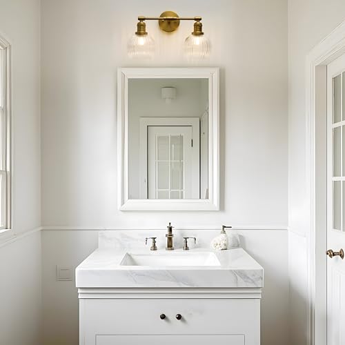 Image of Industrial Double Armed Glass Wall Sconce with Clear Striped Globe Shade, Indoor 2-Light Wall Vanity Light Fixture Hardwired for Bathroom Farmhouse Living Room Bedroom