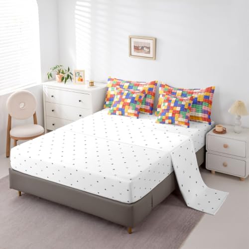 Image of Feelyou Building Block Print 7 Piece Bedding Set Full Size Kids Brick Styles Comforter Set with Sheets for Boys Teens Colorful Gaming Bed in a Bag Green Red Yellow Blue Room Decor