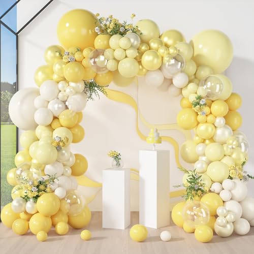 Amandir 173 Pcs Yellow Balloon Arch Kit Double Stuffed Pastel Light Yellow Pearl White Sand Clear Balloons for Bee Lemon Wedding Bridal Shower Engagement Anniversary Birthday Party Decorations