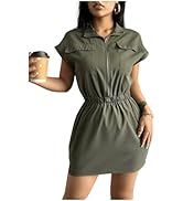 RoseSeek Women's Cap Sleeve Bodycon Mini Dress Collared Neck Zipper Front Flap Pocket Dress