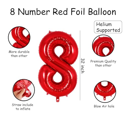 Image of Red 8 Number Foil Balloon with Crown & Base Balloons | 32 Inch Helium Supported for Birthday, Anniversary, Baby Shower Decoration - Pack of 14