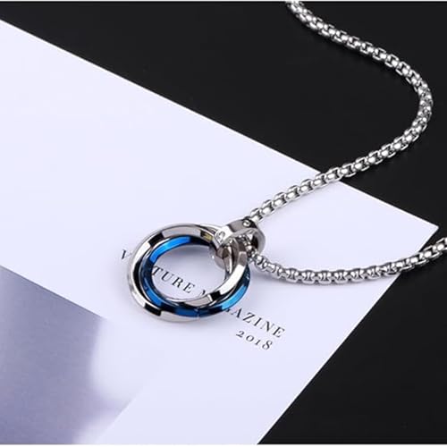 Image of Silver Chain for Man, Blue Three-Ring Necklace for Men, Stylish Neck Chain for Boys, Anime Accessories, Locket for Men, Fashion Jewelry