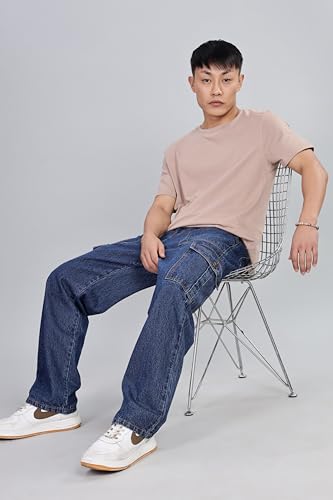 Image of INKD Men's Cargo Baggy Jeans - Mid-Rise | 100% Cotton | Contrast Stitch| 6 Pocket Styling | Baggy Jeans for Man | Loose fit & Comfortable (Available in Plus Sizes)