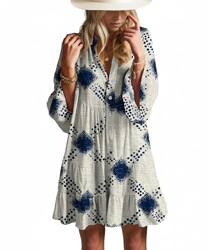 Image of Summer Dresses for Women 2026 Flowy Ruffle 3 /4 Sleeve V Neck Tiered Casual Babydoll Boho Beach Mini Dress