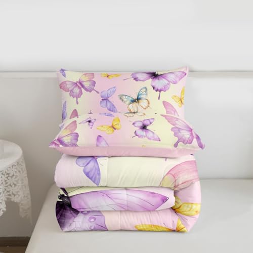 Image of Erosebridal Purple Yellow Butterflies Queen Comforter Set for Kids Teens Adults,Colorful Garden Wildlife Bedding Set,Rustic Farmhouse Duvet Insert,Modern Aesthetic Bed Set for All Season