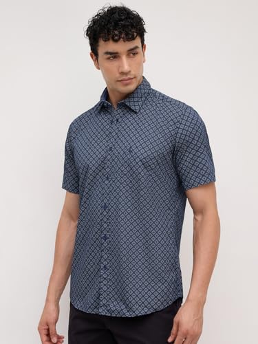 Image of Parx Men Slim Fit Print Pattern Pure Cotton Semi Cutaway Collar Half Sleeve Casual Shirt