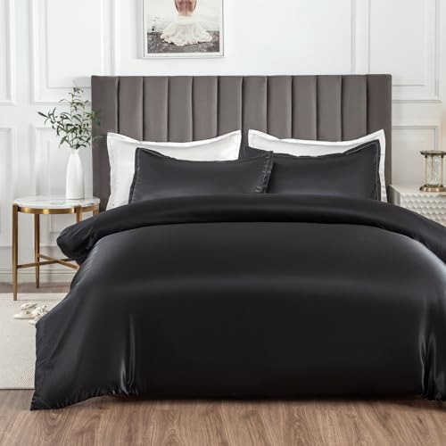 Morbuy Satin Duvet Cover Set 3 Piece - Silky Bedding Set for Hair and Skin Care Luxury Silk Feel Aesthetic Bedding with 2 Pillowcases Durable 105GSM High-Density Fabric 200x200cm Black