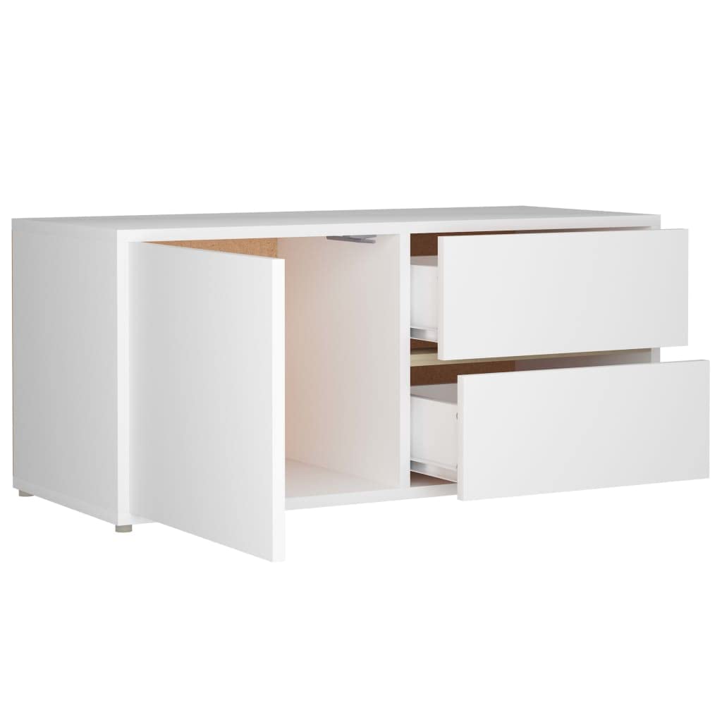 TV-Unterbau TV-Schrank Weiß 80x34x36 cm mit 2 Schubladen und 1 Fach mit Tür aus Holzwerkstoff, robuster TV-Seitentisch für Aufbewahrung von Zeitschriften und DVDs, einfach