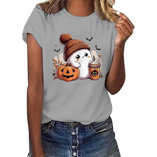 Halloween manga corta mujer cuello redondo camiseta diaria Halloween casual impreso top cuello O camiseta tops disfraz festivo regular fit top estampado camisetas, gris, XXL