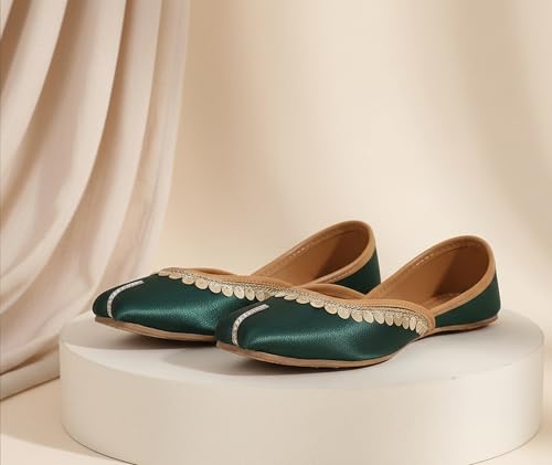 Image of Pluxh Women's Ethnic Jutti Shoes | Shiny Finish Mojari with Sequin Border | Soft Cushioned Slip-On Flats for Casual