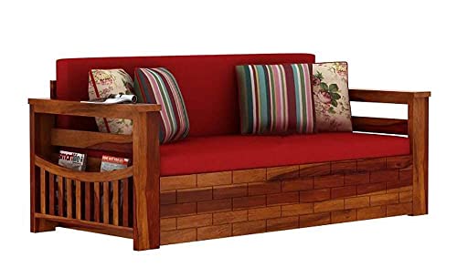 Image of Solid Sheesham Wood Sofa Cum Bed with Storage Side Pocket- 3 Seater Wooden Sofa Bed for Living Room | Convertible Diwan Bed with Cushions | Modern Space Saving Furniture (Red)