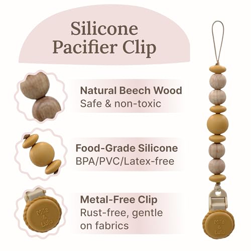 Image of Silicone Pacifier Clip - Metal-Free, Rust-Free, 100% Food-Grade Silicone and Natural Beech Wood, Secure Pacifier Holder for Babies - Sun - Mila & Lulu