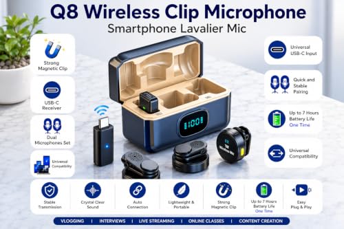 Image of Q8 Dual Wireless Lavalier Microphone with Charging Case for Type-C, 2.4GHz Clip-On Mini Mic with Intelligent Noise Cancellation, Plug & Play Dual Lapel Microphone for YouTube
