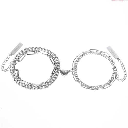 CRIZTIK Stainless Steel Couple Bracelet Paper Clip Link Chain Layered Chunky Chain Bracelet Handmade Lock Pendant Bracelets Set Friendship Bracelets Gift for Women Men