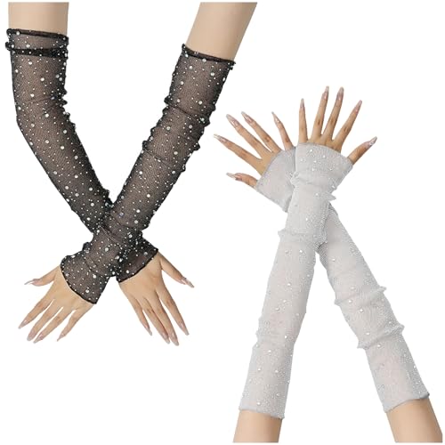 JK Home Manchettes sans Doigts 2 Paires Gants Elastique Respirant Couleur Uni Brillant Mariage Protection de Soleil Cristal Noir/Gris Blanc
