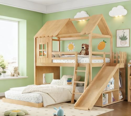Image of Bellemave Bunk beds Twin Over Full with Slide,Ladders,Bookshelf and Wardrobe House roof Design, Low bunk /loft Bed for Kids, Natural