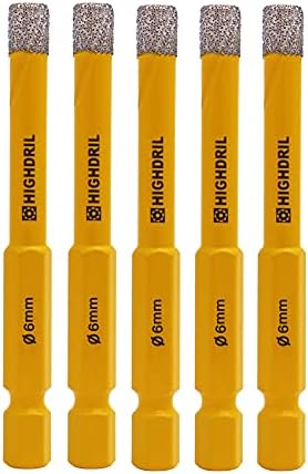HIGHDRIL Dry Diamond Drill Bits,5pcs 6mm 1/4" with Hex Shank for Granite Marble Porcelain Tile Ceramic