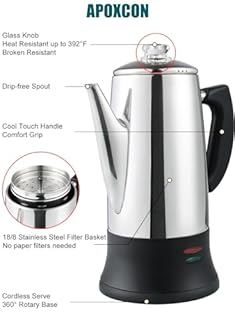 APOXCON 12 Cup Electric Coffee Percolator with ETL Approval Stainless Steel Coffee Maker with Heat Resistant Glass Knob Classic Look Cord-Less Sever