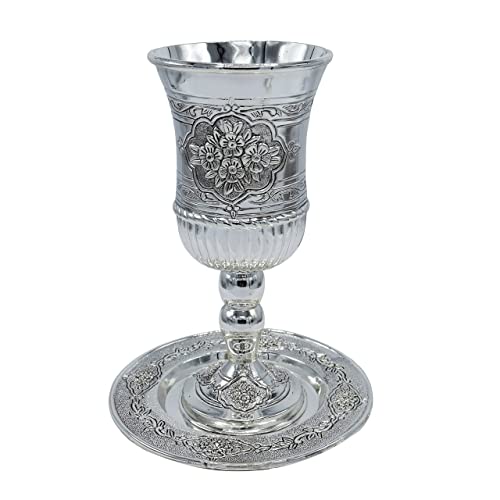 Ner Mitzvah Tall Kiddush Cup And Tray - Premium Quality Silver Plated Goblet With Stem - Shabbat And Havdalah Goblet - Judaica Shabbos And Holiday Gift #TOP1
