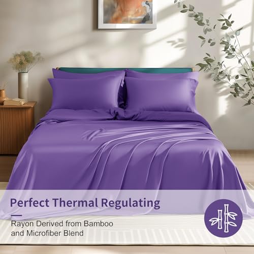 Image of Shilucheng 6 Piece King Sheet Sets, Cooling Sheets, Blend Rayon Derived from Bamboo, Deep Pocket Up to 16 inch, Breathable & Soft Bed Sheets, Hotel Silky Bedding Set, Purple