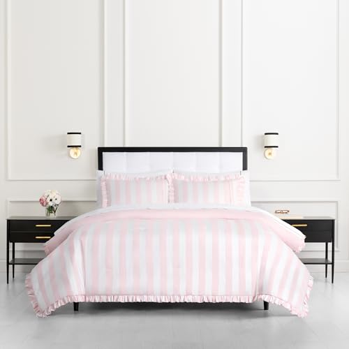 Image of kate spade new york Sateen Ruffle Full /Queen Comforter Set, 300 Thread Count Cotton Sateen Reversible Cover, All Season 3 Piece Bedding, Machine Washable, Pink