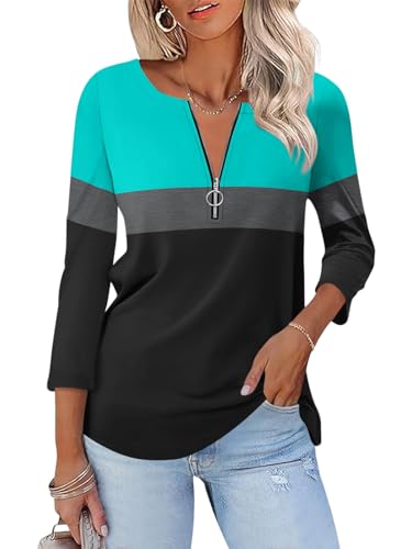 Womens 3/4 Sleeve Tops Zipper Color Block Tunic Tops Casual Summer Shirts Trendy Tops