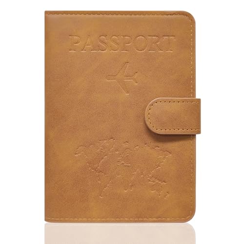REEKNOKOL Funda para Pasaporte de Cuero PU, Cartera de Viaje Universal con Espacios para Tarjetas de Crédito, Tarjetas de Visita y Tarjetas de Embarque (Café)