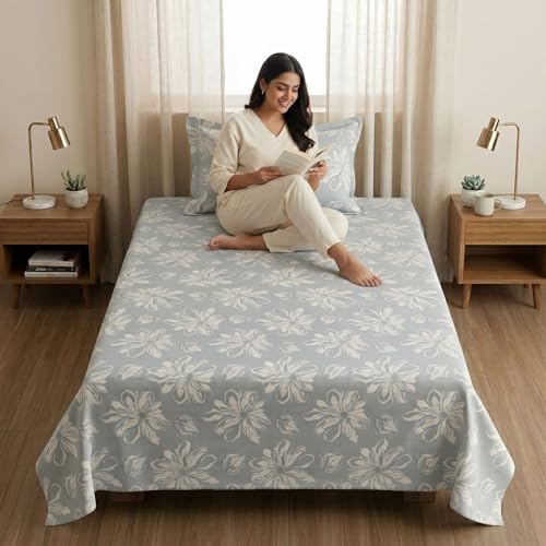Image of Mafatlal 186 TC Metro Cotton Single Bedsheet | 90 x 60 Inch | Smooth Soft Cotton with Pillow Cover | Comfortable Single Bed Sheet | Cement Grey