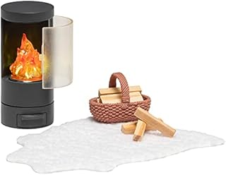 LUNDBY Dolls House Furniture Fireplace  Doll House Accessories  Fireplace Wood Stove LED Fire Flame Light  4-pieces  Age 4+  for 11cm Mini Dolls scale 1:18