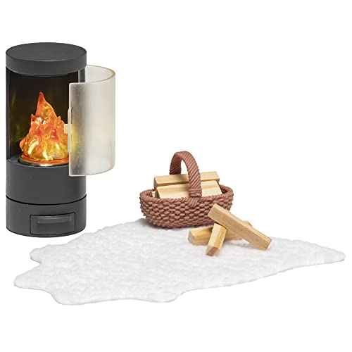 LUNDBY Dolls House Furniture Fireplace, Doll House Accessories, Fireplace Wood Stove LED Fire Flame Light, 4-pieces, Age 4+