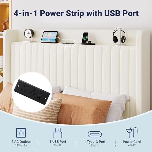 Image of Allewie Full Size Lift Up Storage Bed Frame,Storage Shelf Headboard with Charging Station,Type-C and USB Ports,Hydraulic Support,Velvet Upholstered Bed Frame,No Box Spring Needed,Cream