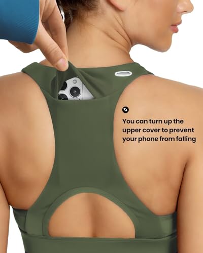 Image of QUEENIEKE BareFlow Women's Sports Bras with Phone Pocket Medium Impact Padded Racerback Workout Gym Crop Top Running Yoga Bra