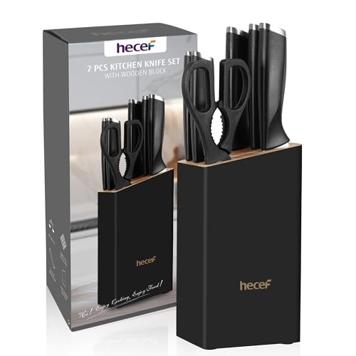 hecef 7-Piece Sharp Knife Set with Wooden Block - Durable Stainless Steel Blades, Ergonomic Handles - Includes Chef, Slicing, Bread, Utility, Paring Knives & Kitchen Scissors,