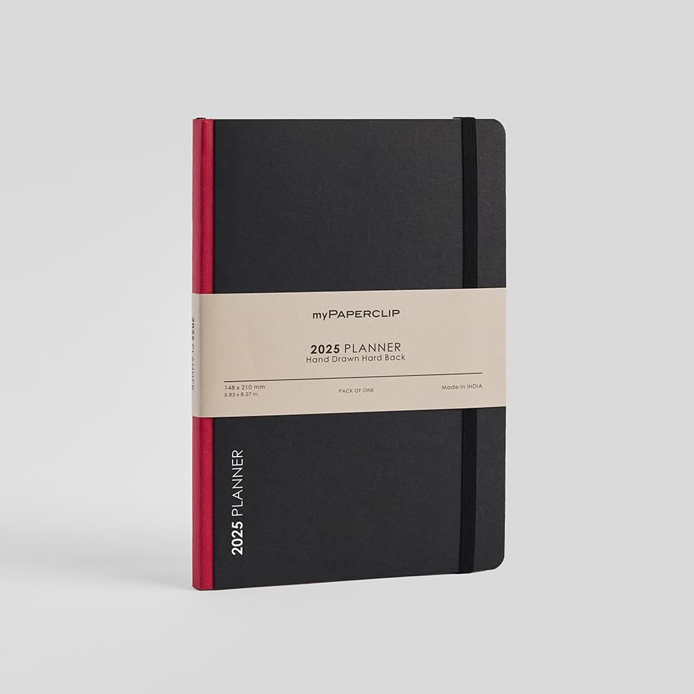 myPAPERCLIP 2025 Weekly Planner D2, Section Thread Bound, Hand Drawn Hard Back, A5 (148 x 210 mm, 5.83 x 8.27 in), Red Spine