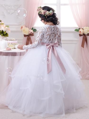 Custom Flower Girl Dresses Tulle Puffy Tiered Floral Appliques with Pink Bow Long Sleeve for Wedding Birthday Banquet Party Holy Communion Gown2