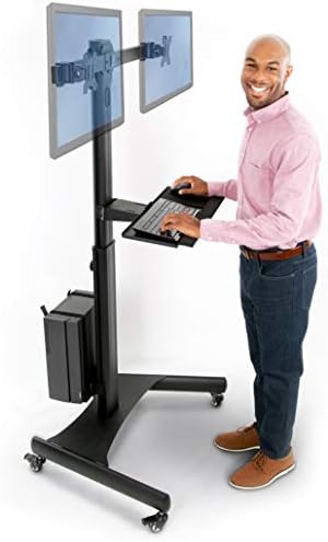 Stand Regular Twin Monitor Cell Workstation with Keyboard Tray, CPU Holder and Locking Wheels | Peak Adjustable VESA Mounts for Two Screens | Helps Screens from 13 to 32 Inches (Black)