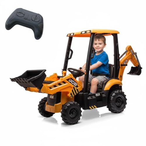 Garvee Ride on Tractor and Trailer 4-in-1 Kids Ride on Excavator Digger with Adjustable Shovel Bucket & Bulldozer 12V Electric Dumper with 2.4G Remote Control and Horn for 3+ Years Old Boys Girls -A